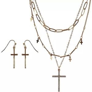 3-Strand Gold-Tone Cross Necklace & Dangle Earrings Set